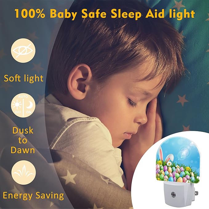 Easter Bunny and Eggs Night Light Plug into Wall, Colorful Easter Eggs Rabbit - Image 5