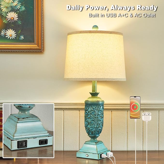 26.5" Farmhouse Table Lamp Set of 2, 3-Way Dimmable Touch Control Bedside Lamps - Image 3