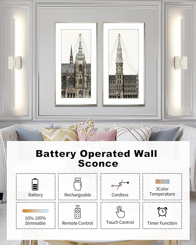 32 Inch Rechargeable Battery Operated Wall Sconce Set of Two, Cordless - Image 2