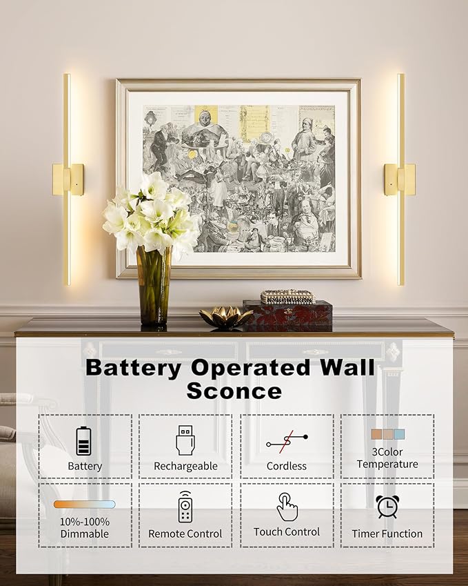 36 Inch 8000mAh Rechargeable Battery Operated Wall Sconce Set of Two, - Image 3