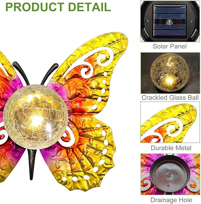 Solar Lights Outdoor Garden Butterfly Decor, Metal Butterfly Statue Decoration - Image 4