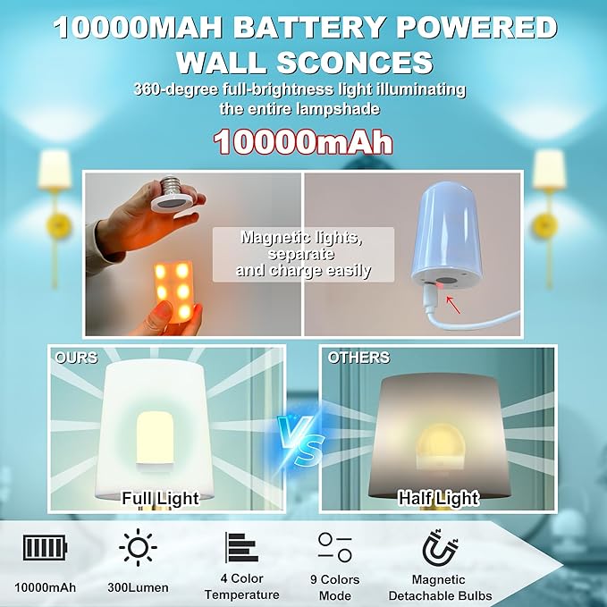 10000mAh Battery Operated Wall Sconces Set of Two, 28 Inches Long Wireless - Image 4
