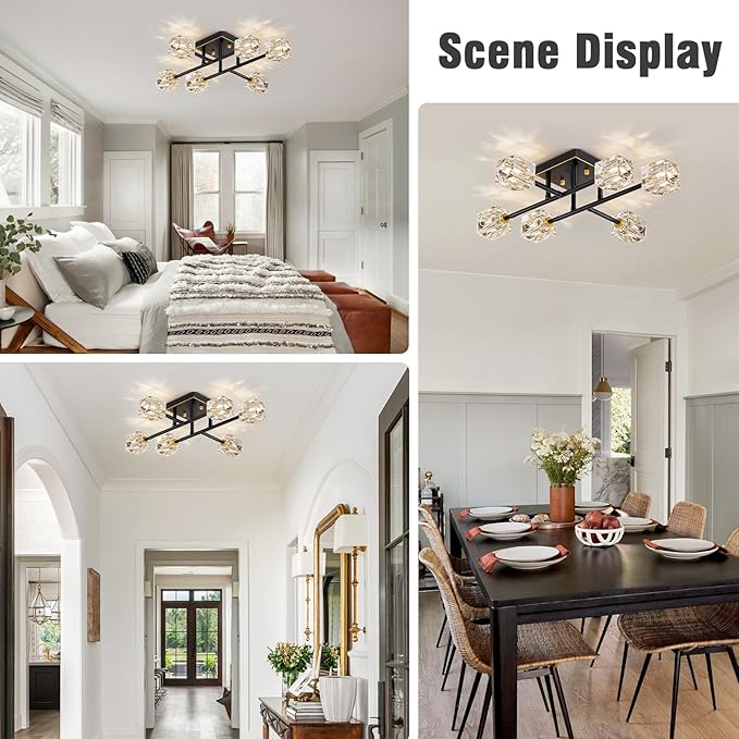 6-Light Modern Sputnik Ceiling Light Fixture，Crystal Semi Flush Mount Ceiling - Image 7