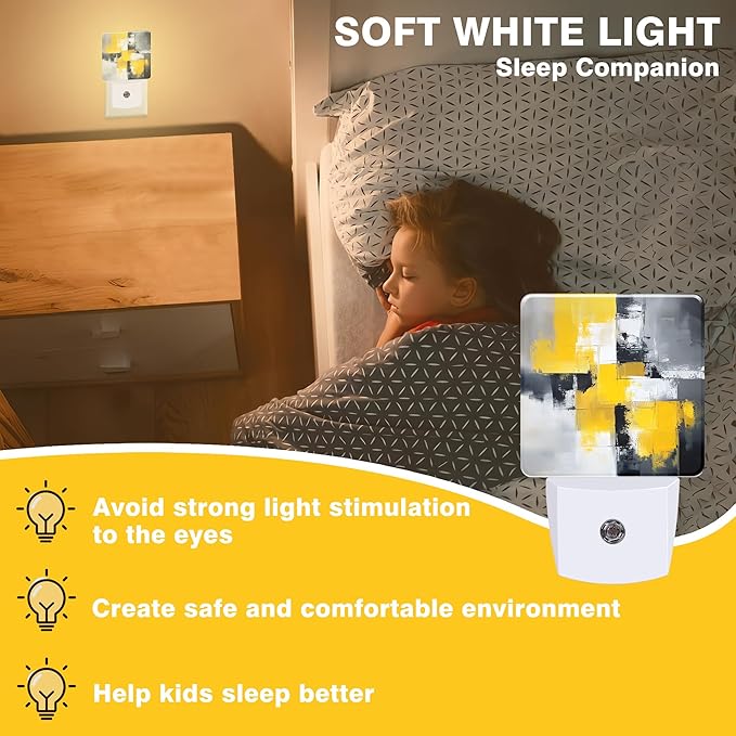Grey and Yellow Abstract Art Night Light, Plug-in Nightlight - Image 3