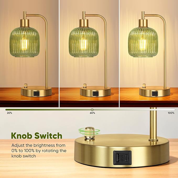 QiMH Industrial Table Lamp for Bedroom Set of 2, Stepless Dimmable Gold Lamps - Image 3
