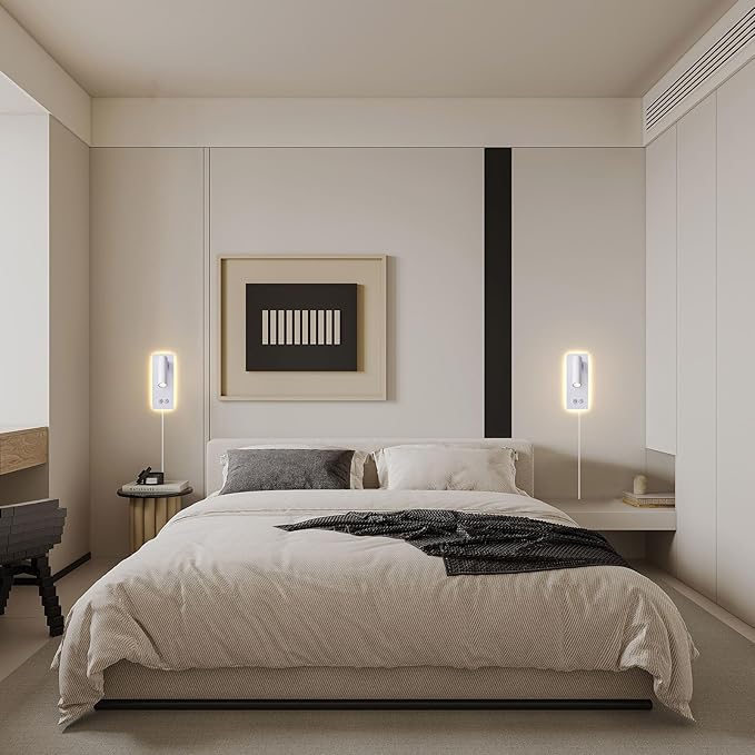 LED Reading Lights Wall Mounted, Plug in Wall Sconces Set of 2, Dimmable Bed - Image 7
