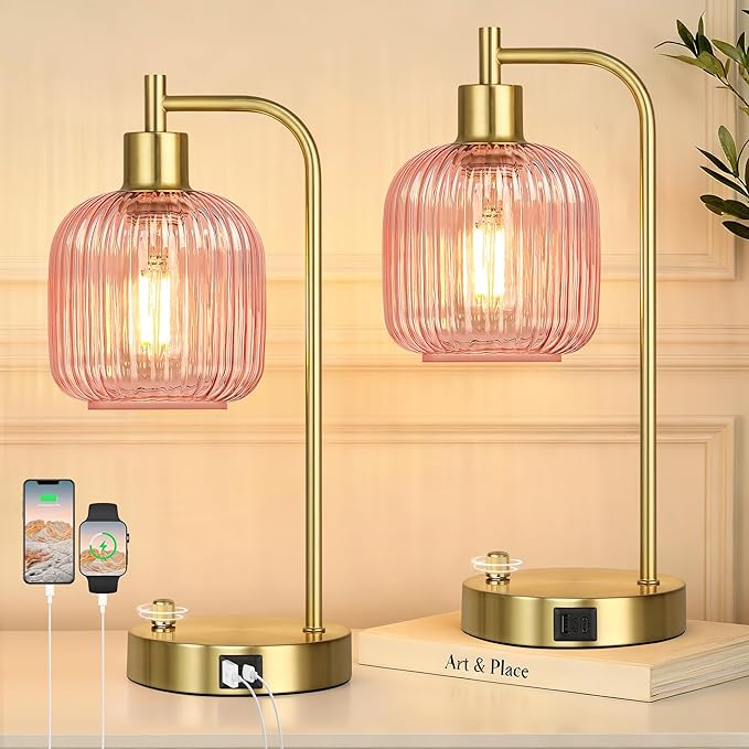 QiMH Industrial Table Lamp for Bedroom Set of 2, Stepless Dimmable Gold Lamps by Qimh