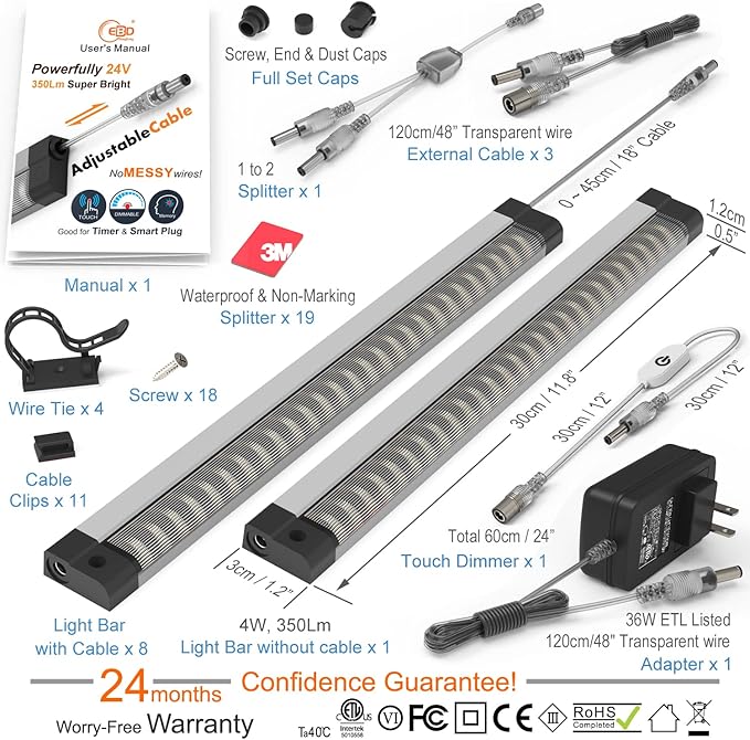EBD Under Cabinet Lighting Touch Under Cabinet Lights Built-in 45cm Adjustable - Image 6