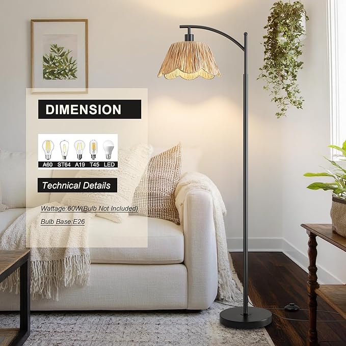 Oneach Arc Floor Lamp for Living Room, Rattan Boho Floor Lamp - Image 5