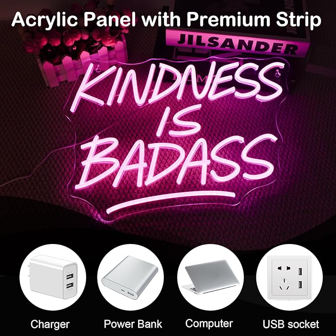 KINDNESS IS BADASS Neon Sign – Pink LED Wall Light, Inspirational Neon Word Sign - Image 9