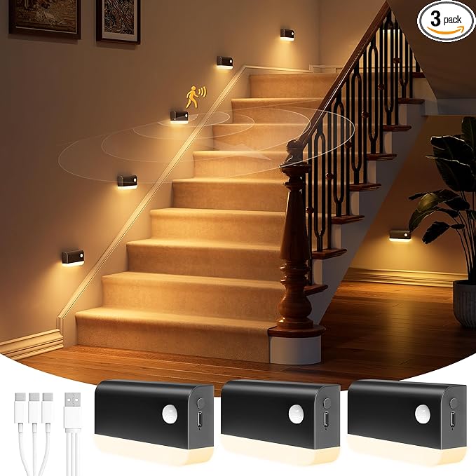 NIORSUN Motion Sensor Night Lights, 3 Pack Black Rechargeable 2-Mode Stair by NIORSUN
