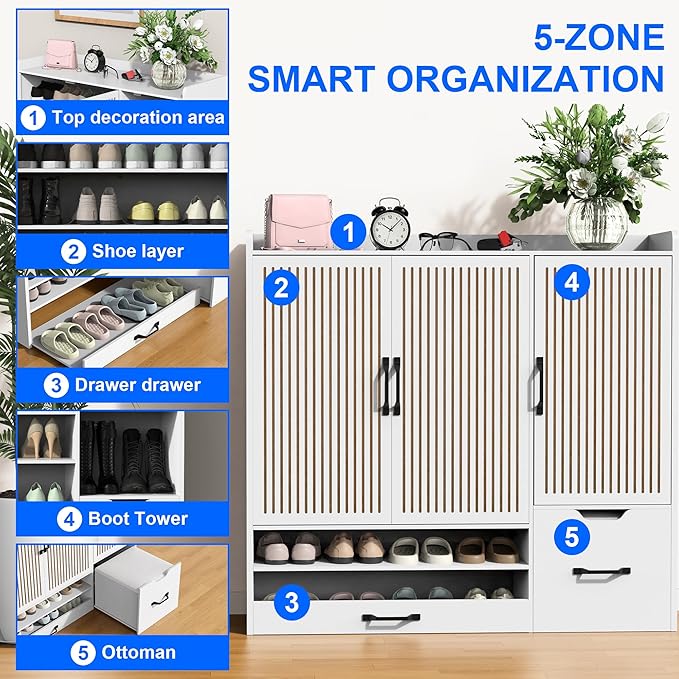 Shoes Storage Cabinet with 3 Doors, Fluted Shoe Cabinet with LED Light - Image 3