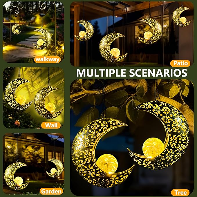 Solar Garden Hanging Moon Lights Outdoor Decor, 2 Pack Metal Lanterns Art - Image 5