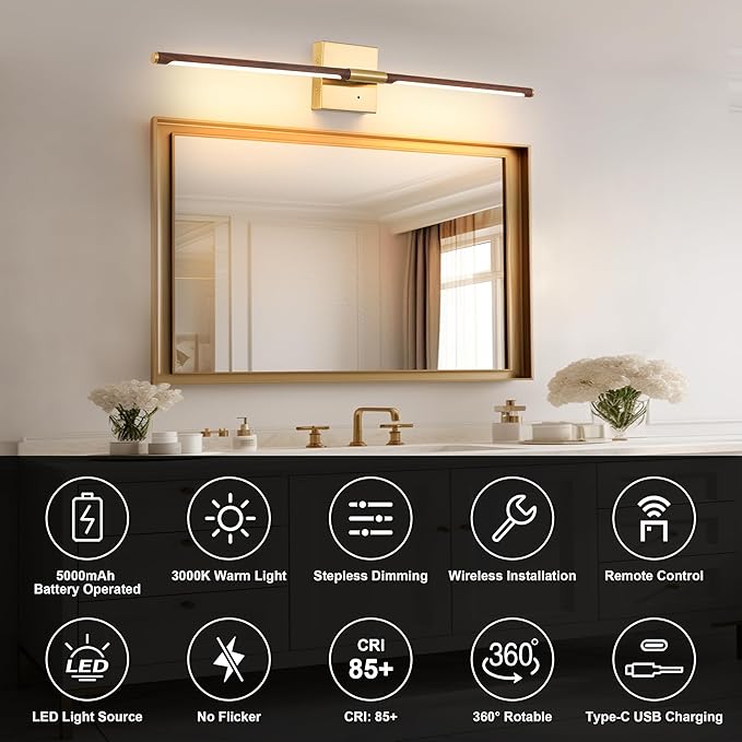 40″ Walnut Battery Operated Wall Sconces, Dimmable Wall Sconce - Image 3