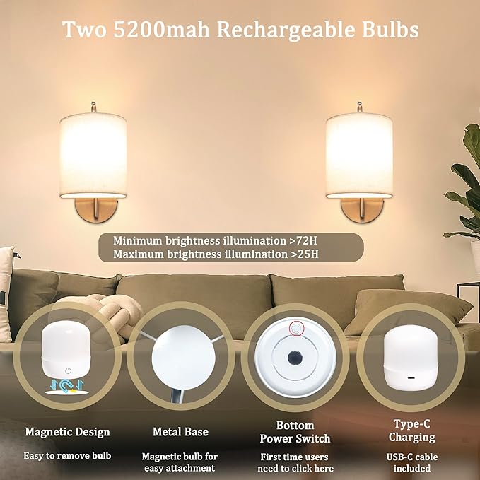 Rechargeable Battery Operated Wall Sconces Set of 2 Wireless Wall Lights - Image 5