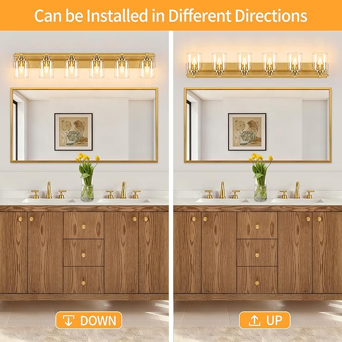 6 Light Modern Bathroom Light Fixtures Over Mirror, Brass Finish Vanity Lights - Image 4