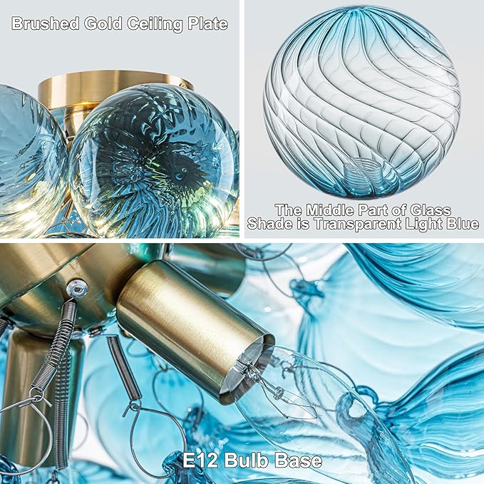 GoYeel Flush Mount Chandelier Gold, Kitchen Lights Ceiling Modern Glass Bubble - Image 5