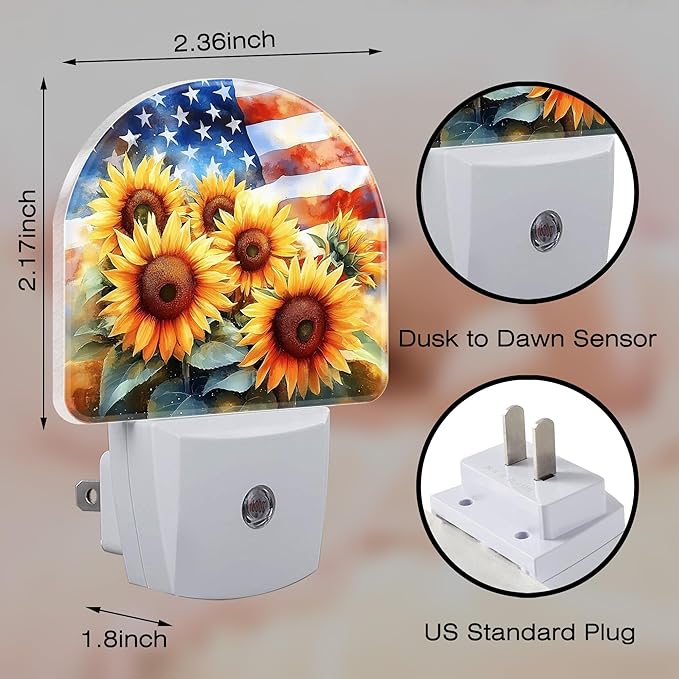 American Flag with Sunflowers Night Light, Dusk-to-Dawn Auto Sensor Plug in - Image 2