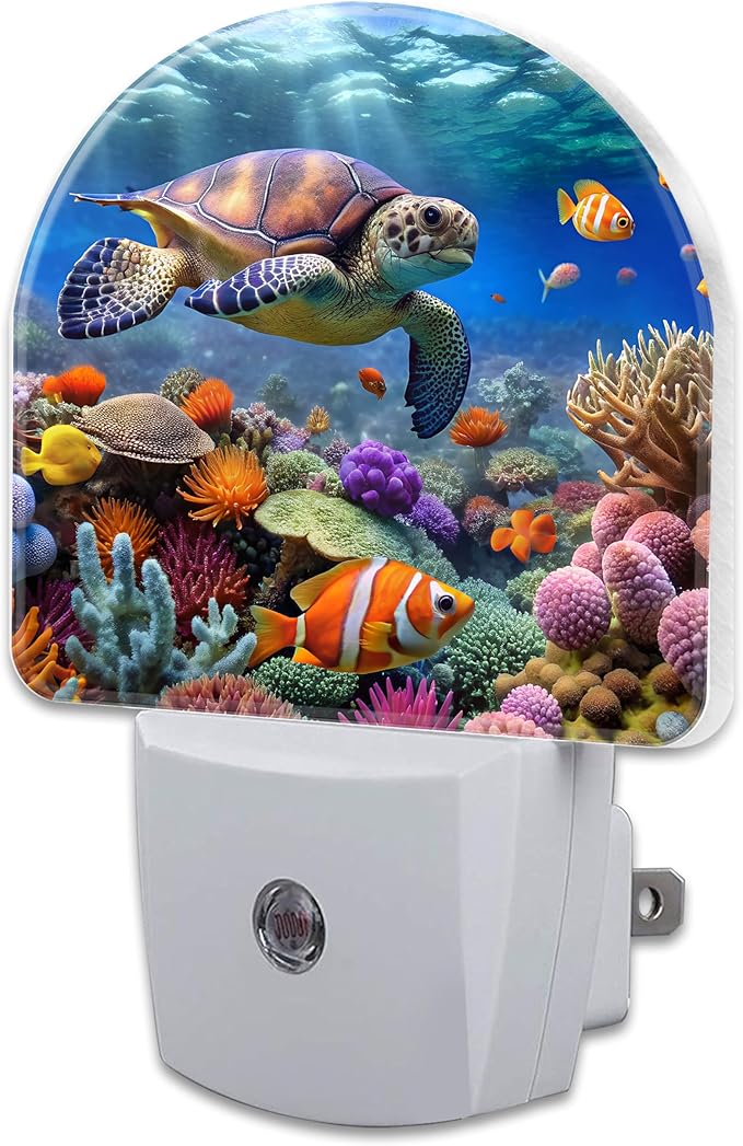 Sea Turtle in Coral Reefs Night Light, Underwater World Marine Fish Corals Dusk by sndheke