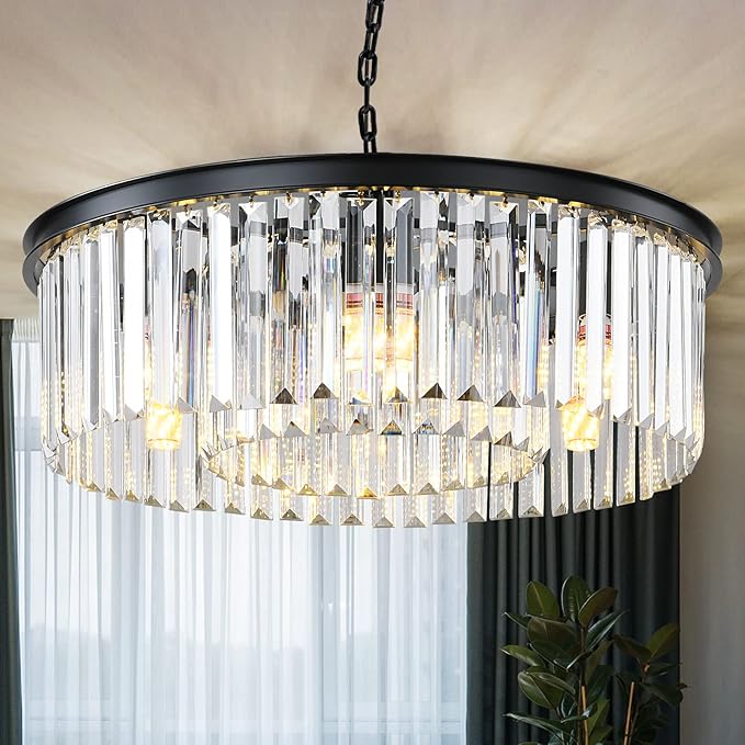 Black Modern Crystal Chandelier, 2-Tier Round Flush Mount Ceiling Light by Laiuetai