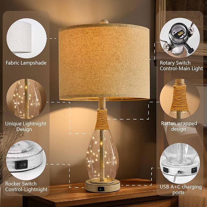OYEARS 23" USB A+C Table Lamp for Bedroom Living Room Modern Bedside Lamps - Image 3