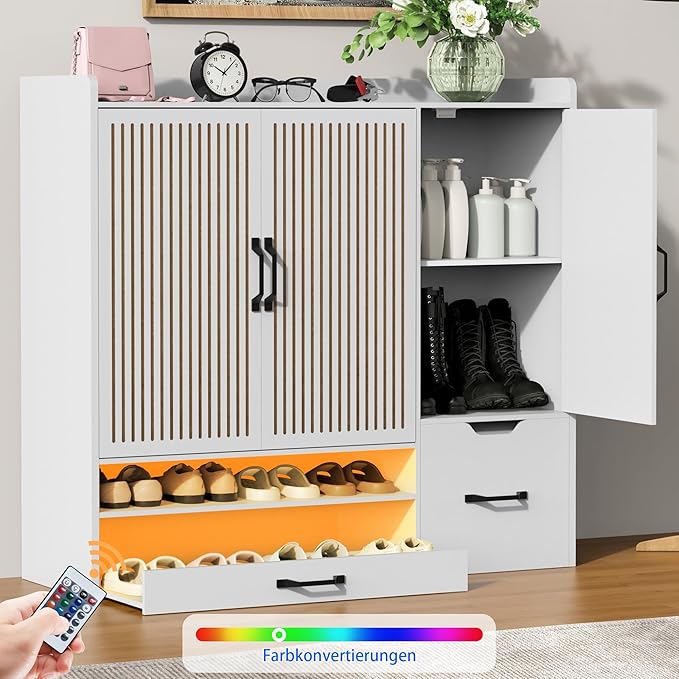Shoes Storage Cabinet with 3 Doors, Fluted Shoe Cabinet with LED Light - Image 5