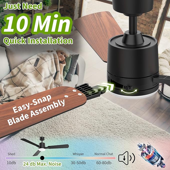 Ceiling Fans with Lights, 52 Inch Low Profile Ceiling Fan with Light and Remote - Image 2