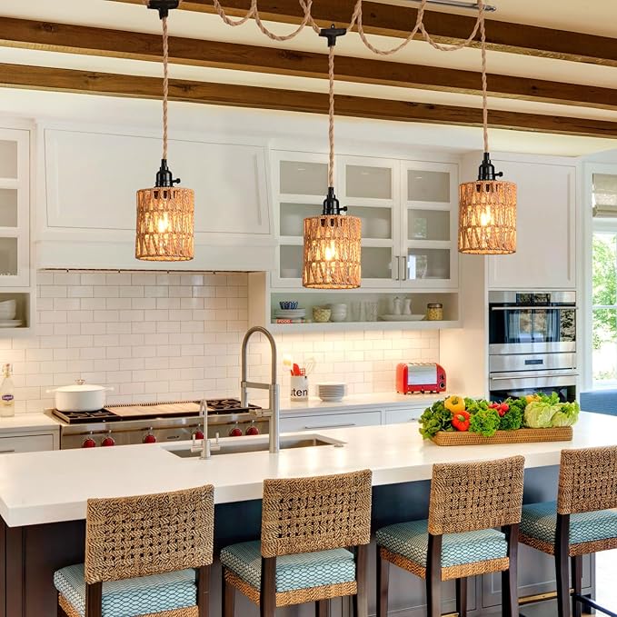3-Light Hanging Light with Plug in Cord, Plug in Pendant Light 22ft Hemp Rope - Image 6