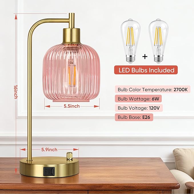 QiMH Industrial Table Lamp for Bedroom Set of 2, Stepless Dimmable Gold Lamps - Image 3