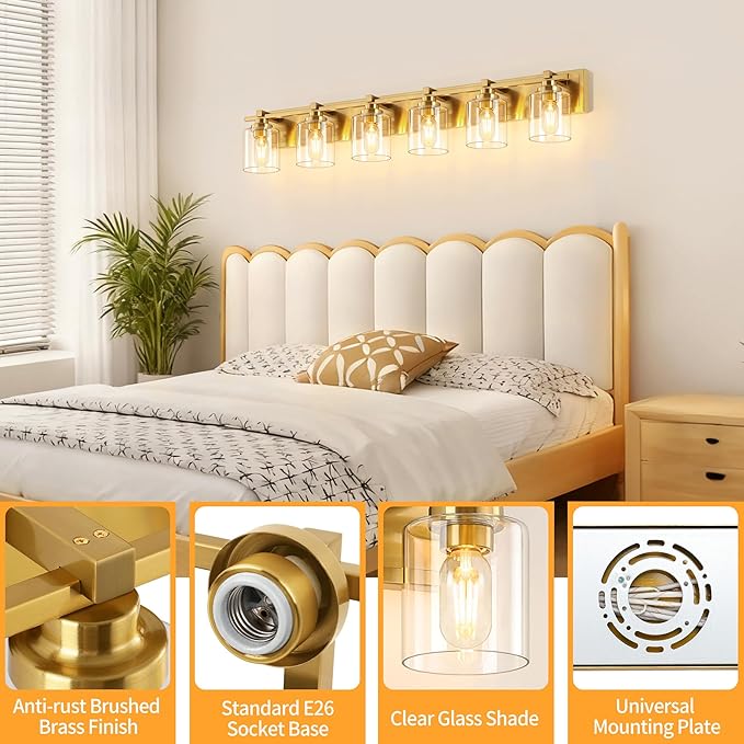6 Light Modern Bathroom Light Fixtures Over Mirror, Brass Finish Vanity Lights - Image 3
