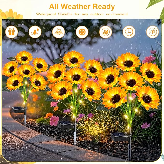 Solar Outdoor Lights Garden Decor, 6 Pack Solar Sunflower Lights, 36 Waterproof - Image 2