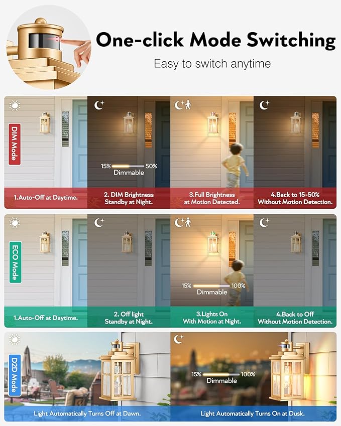 VIANIS 2 Pack Motion Sensor Outdoor Wall Lights, Modern Gold Exterior Garage - Image 2