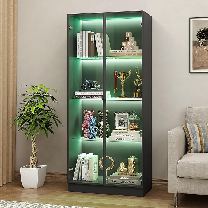 Display Cabinet with LED Lights, Display Case with 4-Tier Glass Shelves & 2 by ZORPLIX
