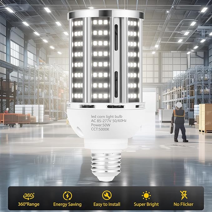 50W 2 Pack LED Corn Light Bulb, 5000K Daylight 6500LM Commercial GradeE26/E39 - Image 2
