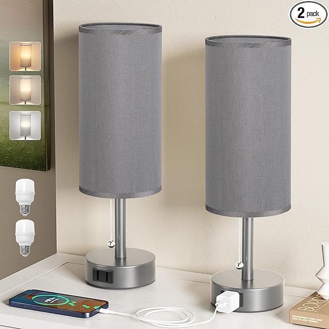 Fenmzee Dark Grey Bedside Table Lamps Set of 2-3 Color Temperatures Pull Chain by Fenmzeelighting
