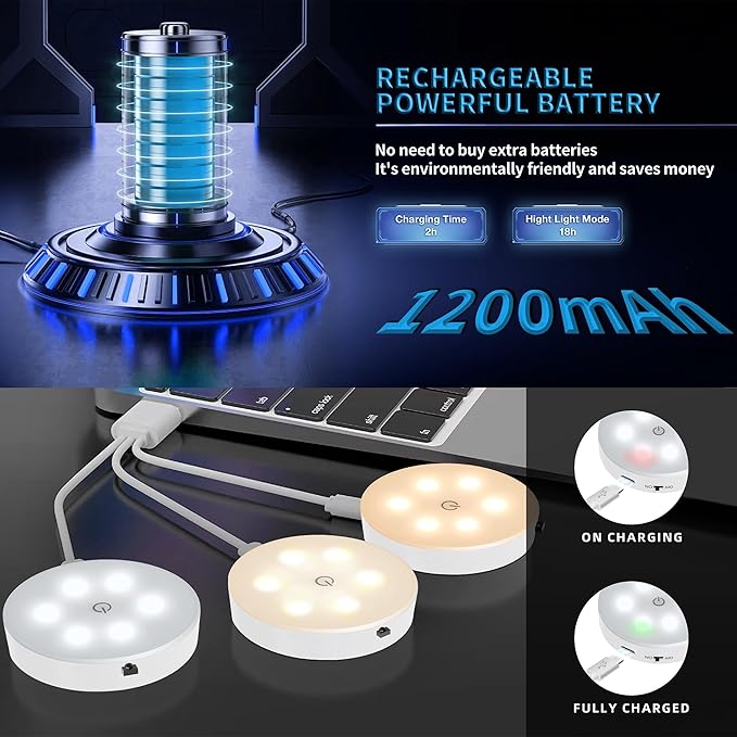 Puck Lights with Remote Control, Under Cabinet Lighting with Magnetic, 1200mAh - Image 3