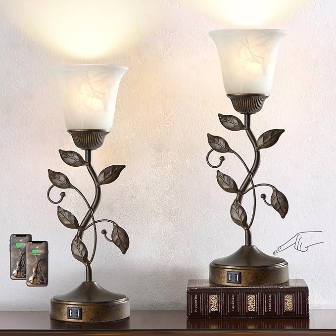 RORIANO Set of 2 Touch Farmhouse Bedroom Table Lamps, Nightstand Vintage Flower - Image 2