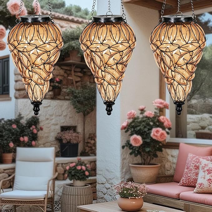 Solar Hanging Lantern Outdoor Garden Lights, Tear-Shaped Glass and Metal - Image 8