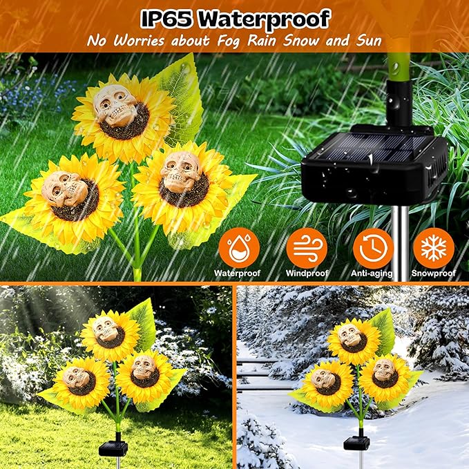 Halloween Decorations Outdoor, 3 Pack Solar Scary Skull Sunflowers Lights - Image 3