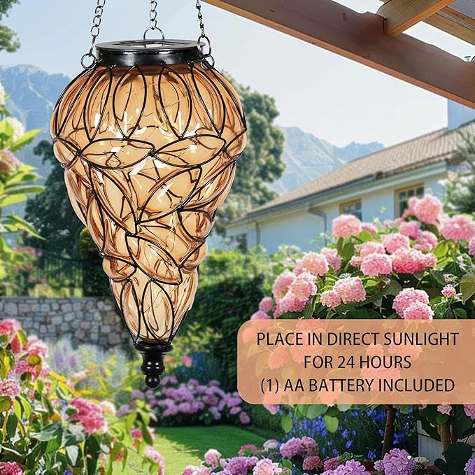 Solar Hanging Lantern Outdoor Garden Lights, Tear-Shaped Glass and Metal - Image 6