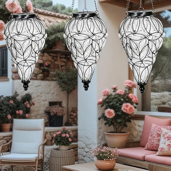 Solar Hanging Lantern Outdoor Garden Lights, Tear-Shaped Glass and Metal - Image 8