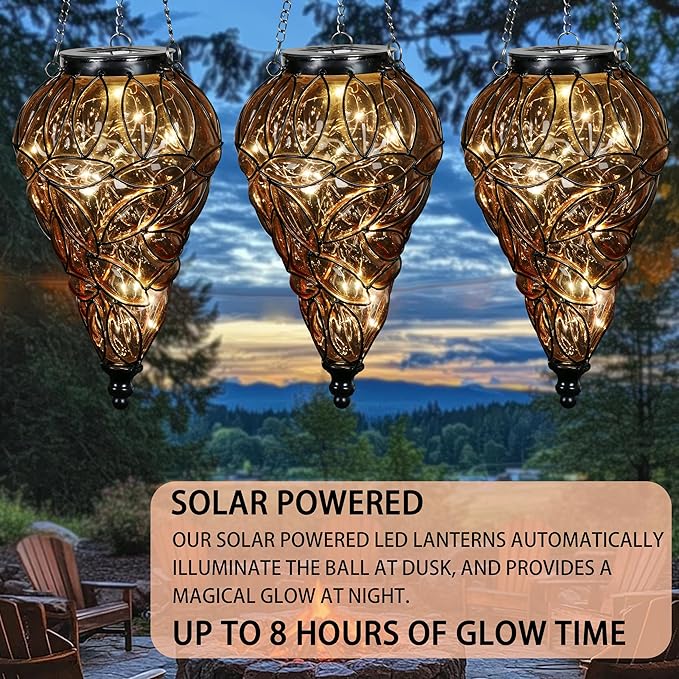 Solar Hanging Lantern Outdoor Garden Lights, Tear-Shaped Glass and Metal - Image 7