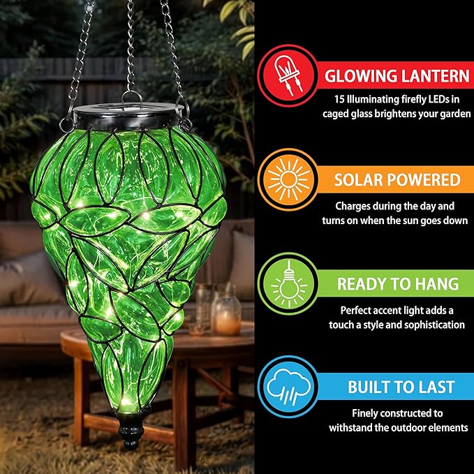 Solar Hanging Lantern Outdoor Garden Lights, Tear-Shaped Glass and Metal - Image 3