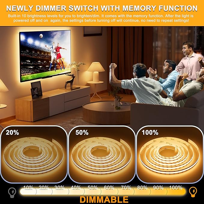 PAUTIX LED Strip Light 5V USB 6.56ft/2m 2700K, 640LEDs 1200lm Dimmable COB LED - Image 3