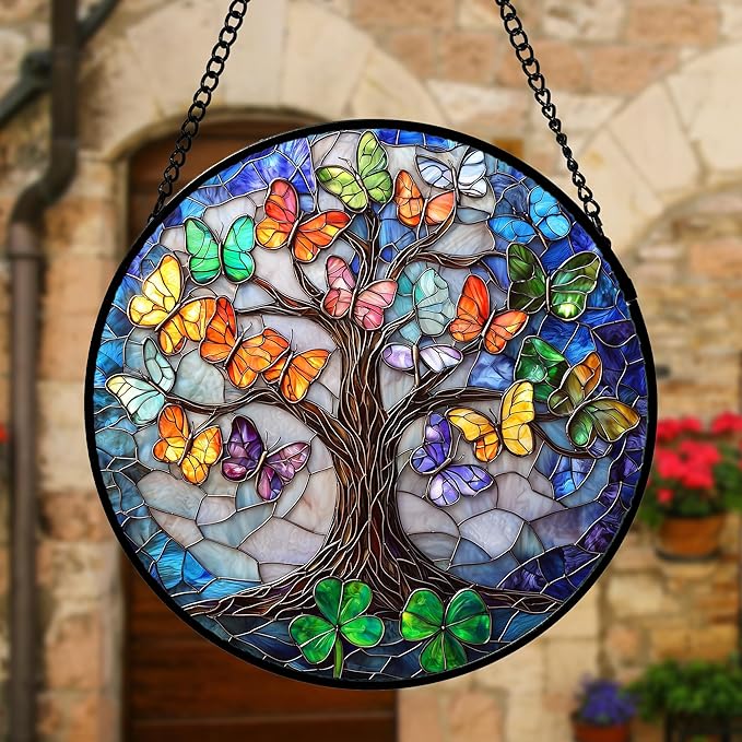 Stained Glass Window Hanging, Butterfly Tree Clover Sun Catchers Glass Panel - Image 4