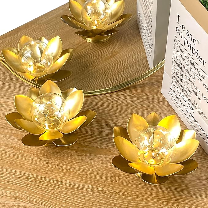 JHY DESIGN Set of 2 Gold Lotus Table Lamp Battery Powered 6''Tall Cordless Lamp - Image 3