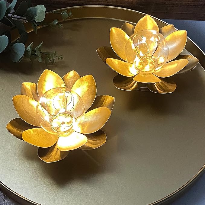 JHY DESIGN Set of 2 Gold Lotus Table Lamp Battery Powered 6''Tall Cordless Lamp - Image 4