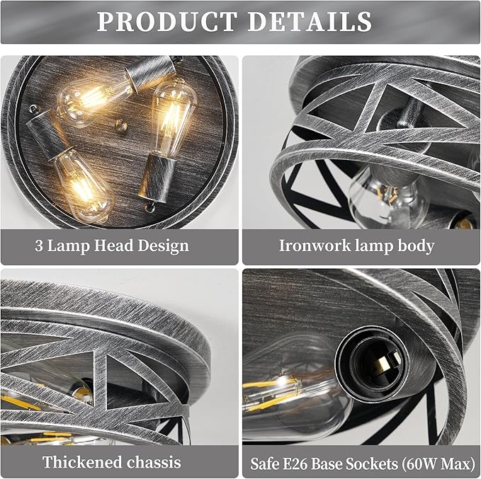 Close to Ceiling Light Fixtures, 3-Lights Cage Flush Mount Ceiling Light - Image 7