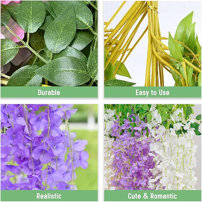 BLEUM CADE 10Pcs White & Purple Fake Wisteria Hanging Flowers, 3.6Ft/Pcs - Image 3