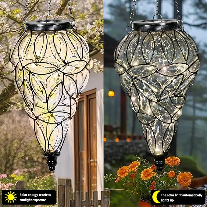 Solar Hanging Lantern Outdoor Garden Lights, Tear-Shaped Glass and Metal - Image 5